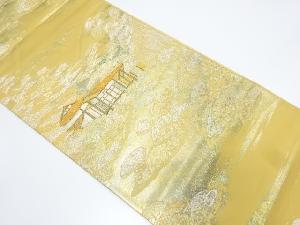 引箔　樹木に家屋風景模様織り出し　袋帯